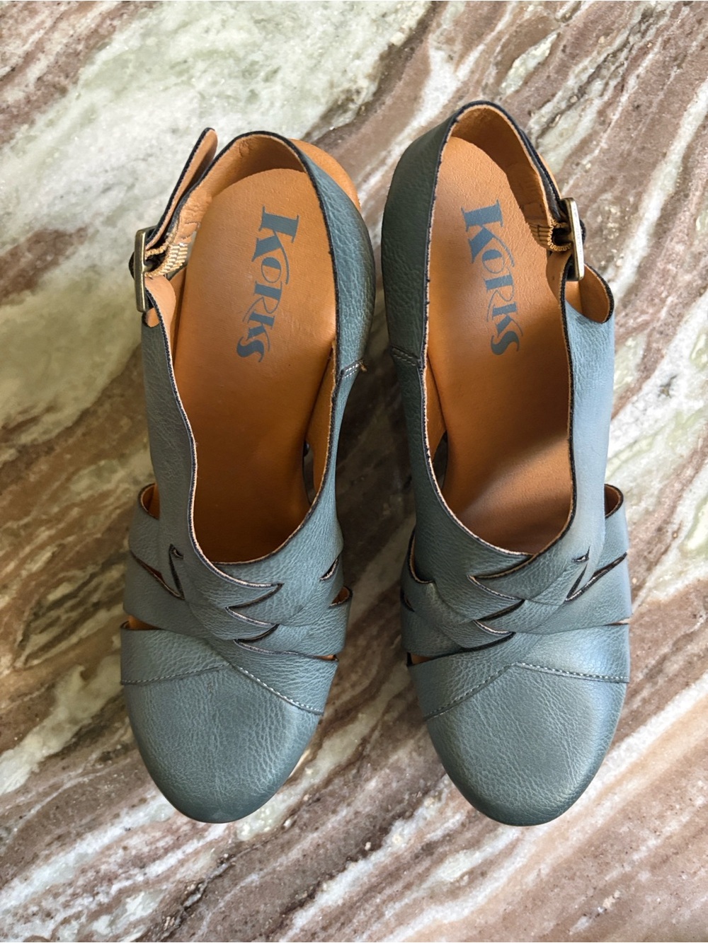 Kork-Ease Teal Leather Woven Slingback Clogs - Picture 2 of 5